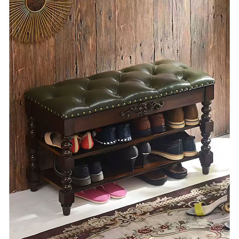 Vintage Solid Wood Carved Flip-Top Shoe Storage Bench, Brown/Green