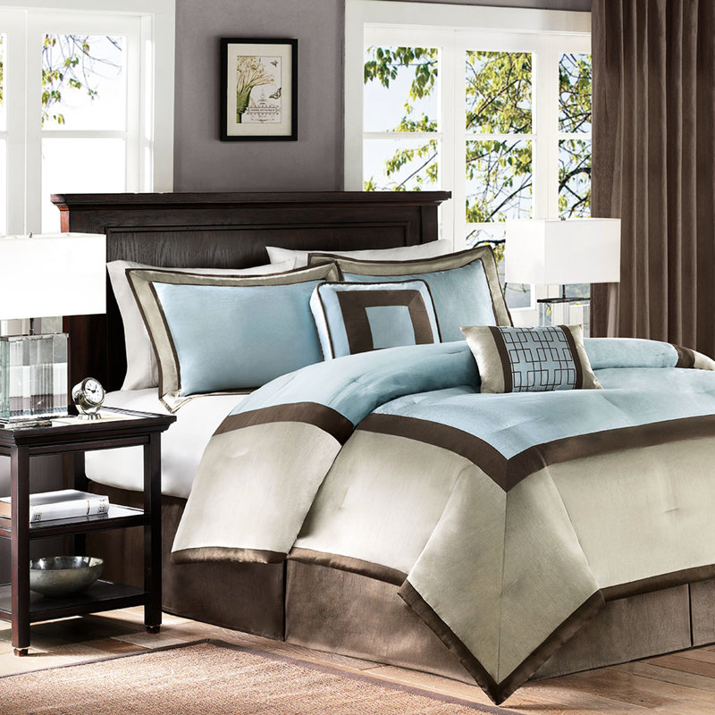 Queen 7 Piece Bedding - Taupe And Brown Borders, Decorative Pillows Included Bed Collection Blue Comforter With Pillows, Border