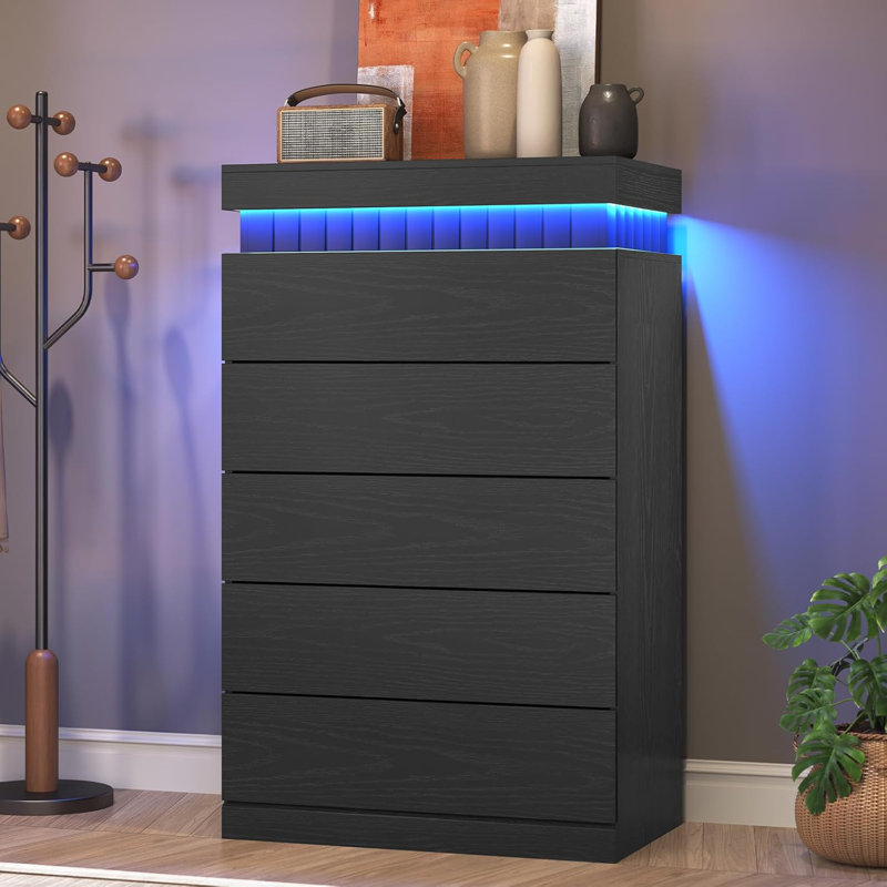 Commode 5 tiroirs, grande commode moderne avec lumière DEL et prise de courant, Black