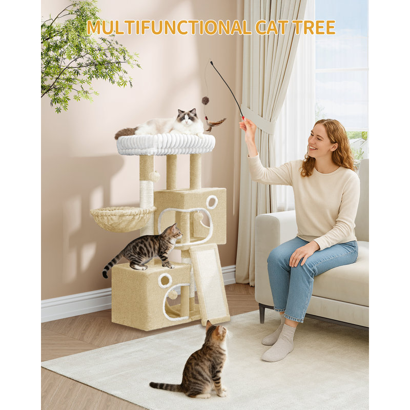 98cm Cat Tree, Cat Tower for Indoor Cats, Multi-Level Cats House Furniture with Scratching Post, 2 Caves, Large Platform, Scratching Ramp, Pompom