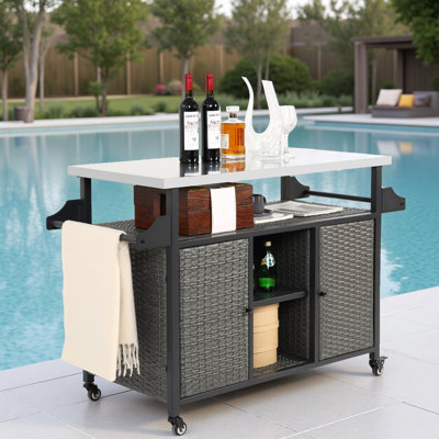 Large Grey Outdoor Bar Cart, Wicker Rolling Kitchen Island With Stainless Steel Top And Storage For Patio Poolside