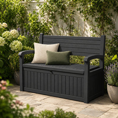 Coffre de rangement et de rangement pour l'extérieur en résine durable, coffre de terrasse verrouillable avec siège