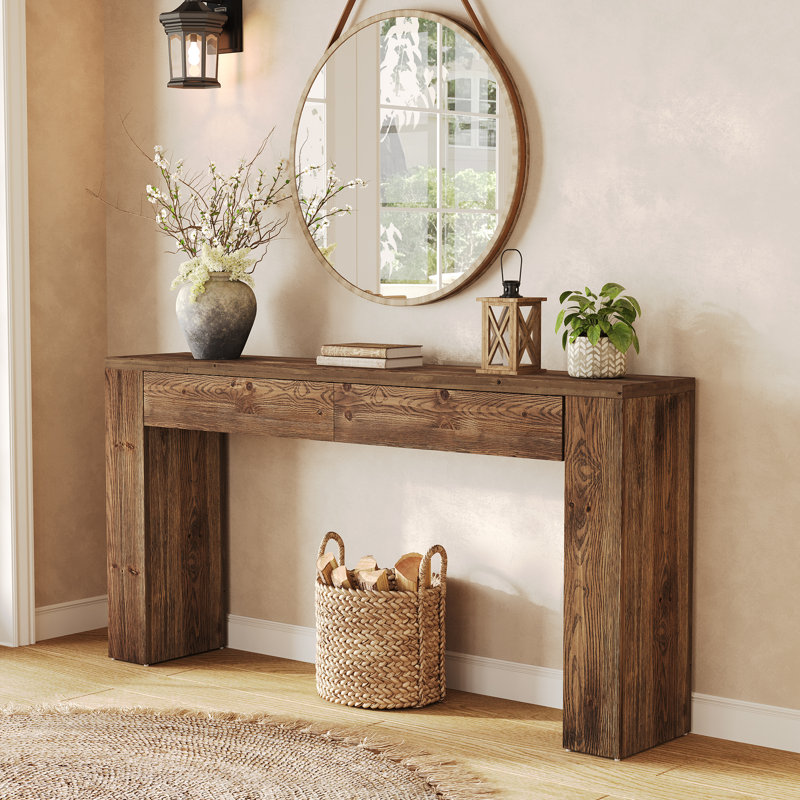 Table console en bois massif avec 2 tiroirs, table de vestibule de 63 pouces pour l'entrée