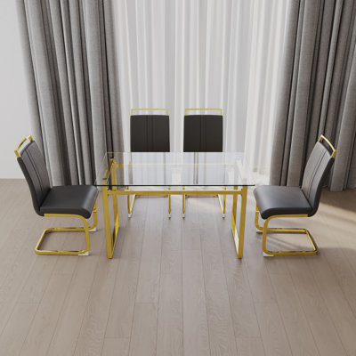 Ensemble de table de salle à manger en verre 51 pouces pour 4 personnes, ensembles de table et chaises avec pieds dorés pour la cuisine, plateau de table rectangulaire moderne en verre trempé et chaise de salle à manger en polyuréthane sans accoudoirs pour la salle à manger