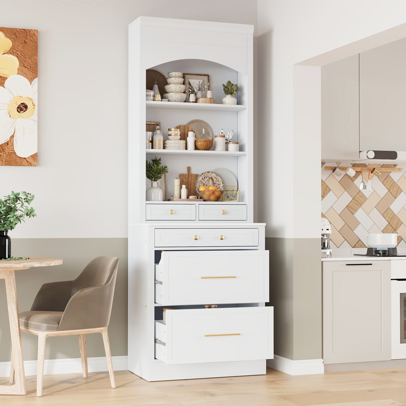 Cuisine de 83,7 pouces de hauteur, blanc avec plateau en faux marbre, 5 tiroirs et tablette réglable, 2 pour garde-manger moderne et fonctionnel, grand comptoir en marbre, espace organisé