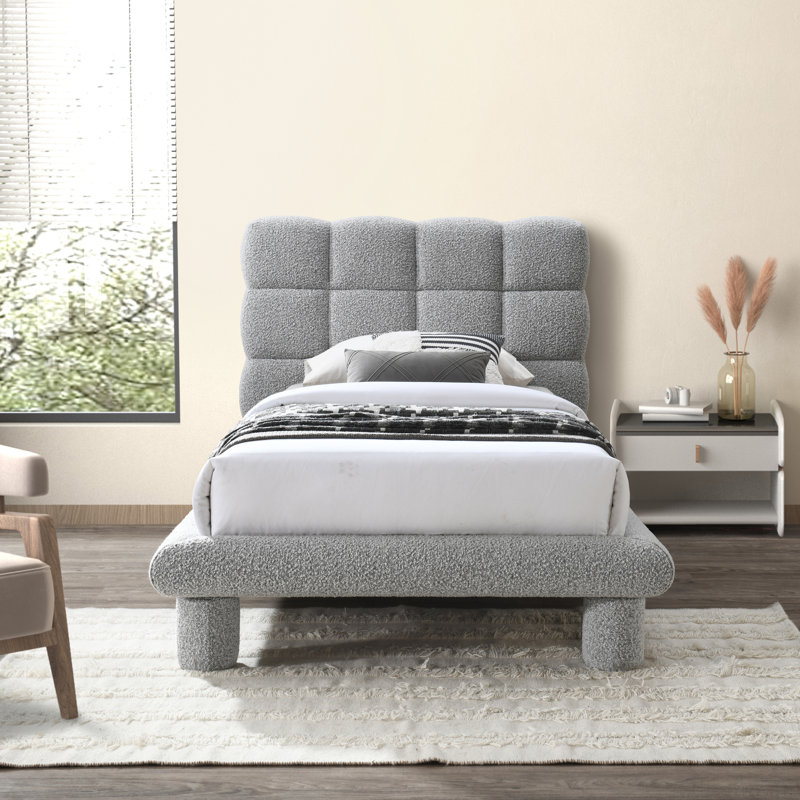 Deco Tufted Panel Bed, Grey Boucle Fabric, Twin