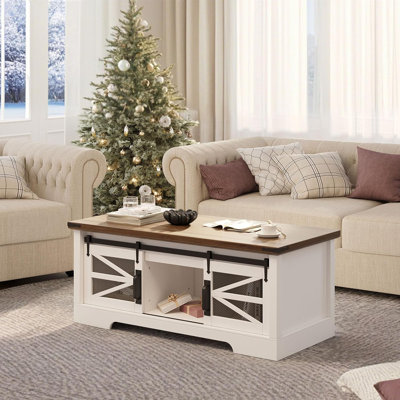47.2" Lift Top Coffee Table, Sliding Barn Door with Hidden Storage & Adjustable Shelf for Living Room