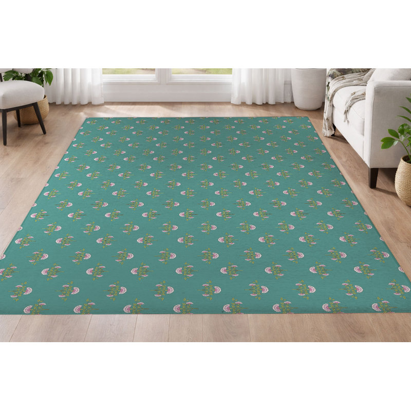 Tapis ultra-mince à profil bas Flora, Sarcelle, Rectangulaire 8 pi x 10 pi