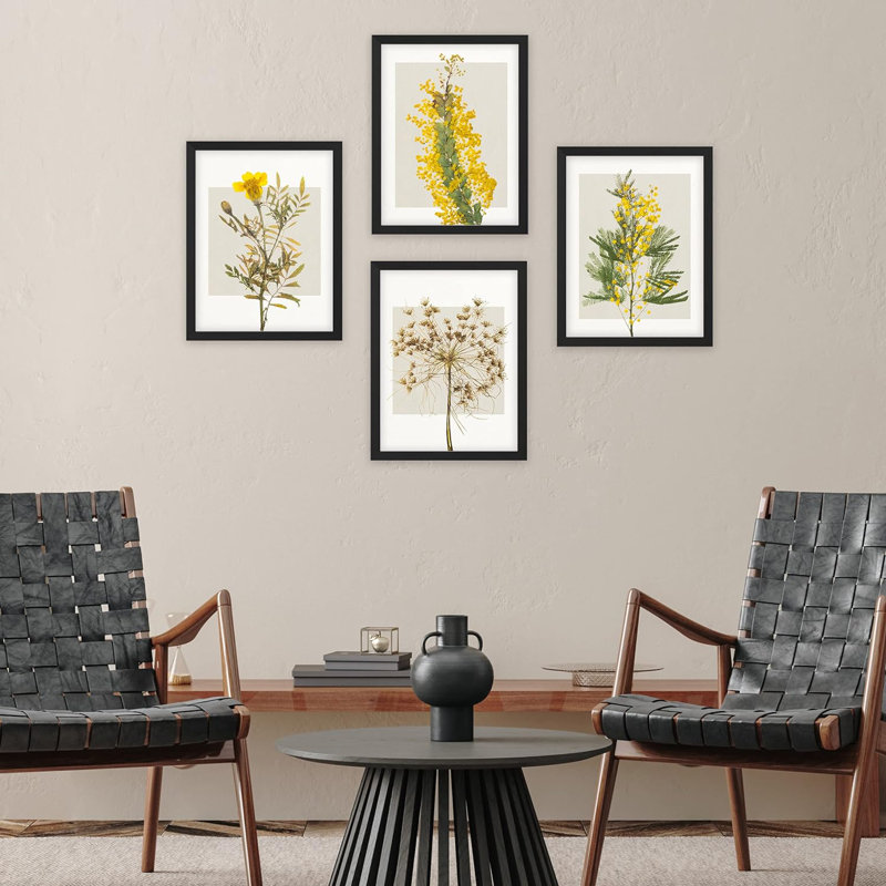 Fleurs encadrées, ensemble de 4 impressions géométriques murales carrées jaunes encadrées sur papier, impression de 4 pièces