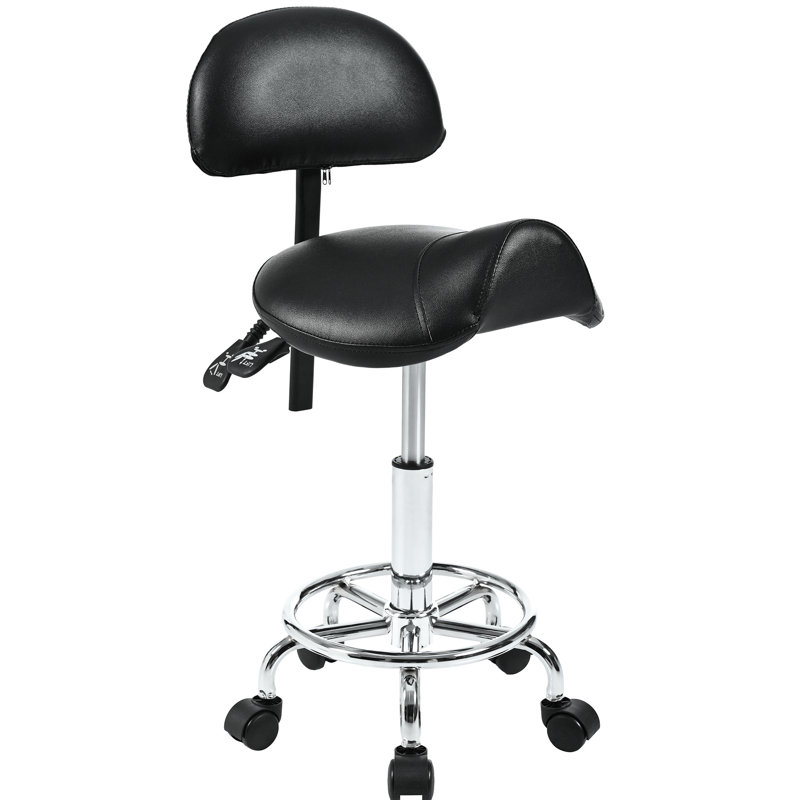 Tabouret de selle avec support pour le dos et repose-pieds, rotation sur 360 ° réglable, confortable pour les longues heures de travail dans un spa spa noir, structure en métal, poids de 6,32 lb, conception à 5 roues, ergonomique