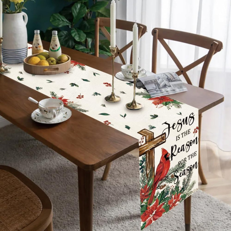 Chemin de table de Noël cardinal 13 X 72 pouces, poinsettias d'hiver