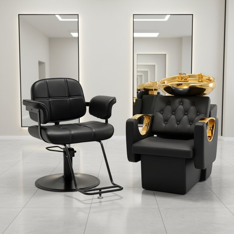 Évier de shampooing noir et doré avec cuve de lavage en céramique et fauteuil de barbier pivotant à 360 °