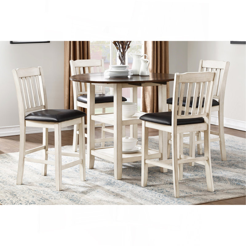 Ensemble de tables de salle à manger 5 pièces à hauteur de comptoir blanc et cerisier foncé avec 2 tablettes inférieures et 4 chaises