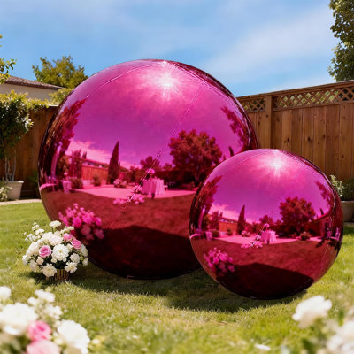 Boule gonflable brillante de 23,6 po + 47,2 po, grand ballon suspendu pour décorations de jardin, piscine et fêtes - ensemble de 2 (rose vif, pompe incluse)