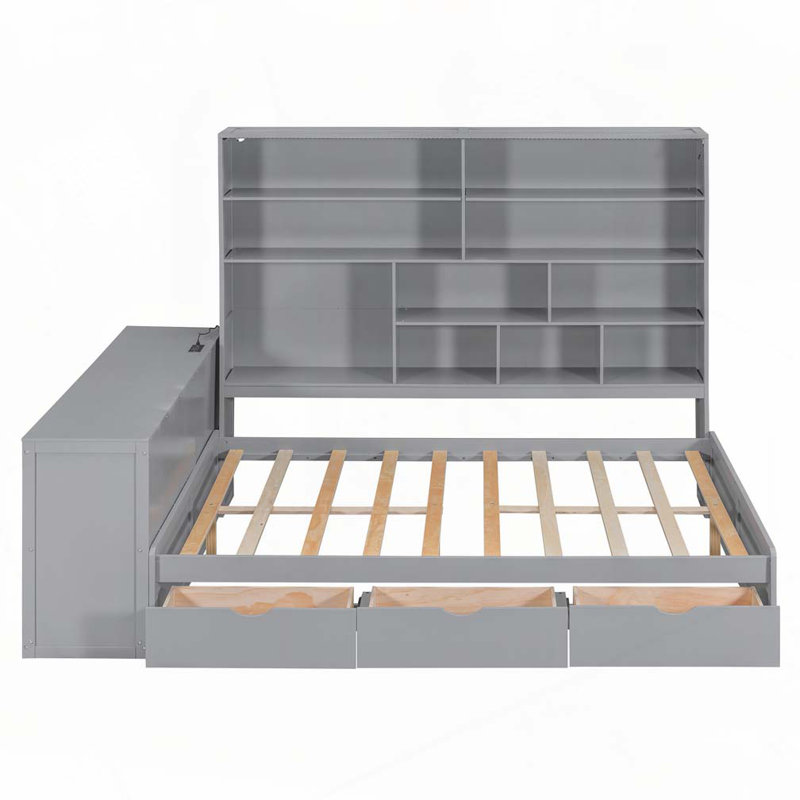 Lit de jour en bois avec 3 tiroirs, bureau, tablettes et lumières, Gris