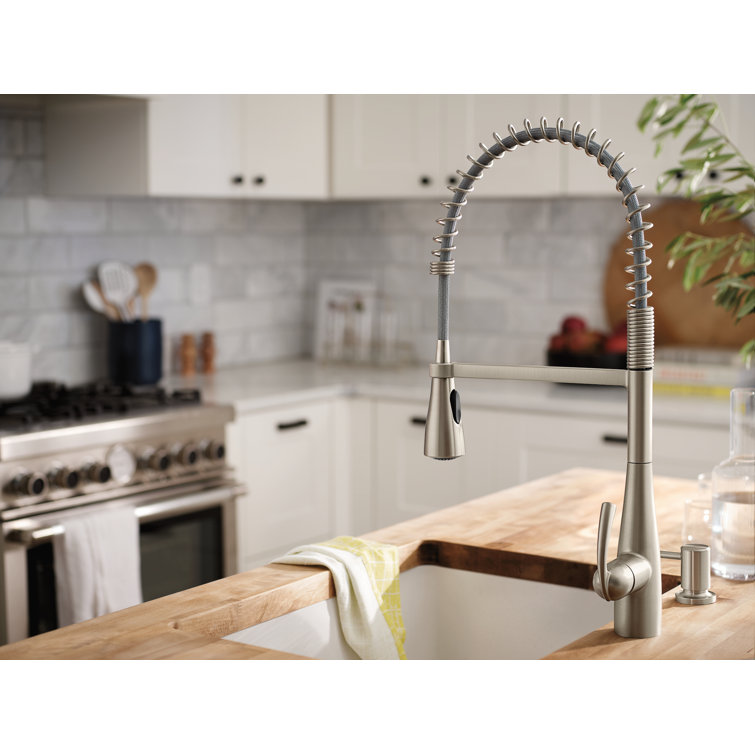 Moen Essie Pre-Rinse Spring Pull Down Single Handle Kitchen Faucet with Power Clean Technology and Soap Dispenser