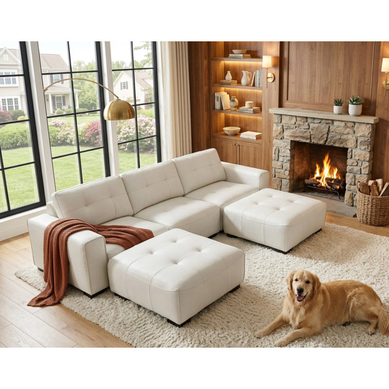 Bendire Oversized U-shape Leather Sectional Sofa Couch W/ Ottoman (Wheels), White Faux Leather