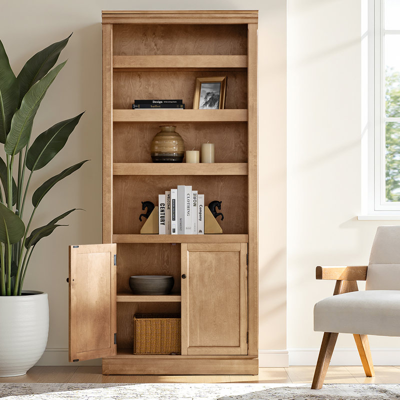 Eduardo 78"H X 33.5"W Transitional Solid Wood Frame Bookcase with Multi-Purpose Shelf, Oak
