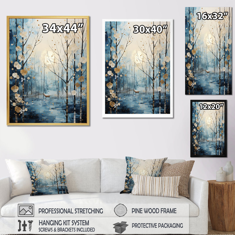 Birch Woods Winter Moonrise IV sur impression sur toile, Encadrement doré, H 40 po x l 30 po x P 1,5 po