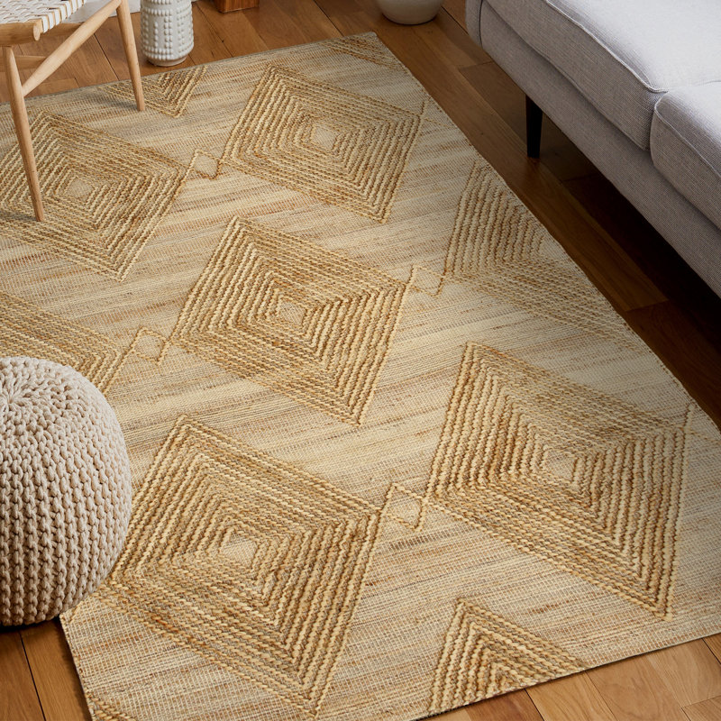 Tapis d'intérieur en jute / laine à motif géométrique tissé à plat à la main, Rectangle 10 pi x 14 pi