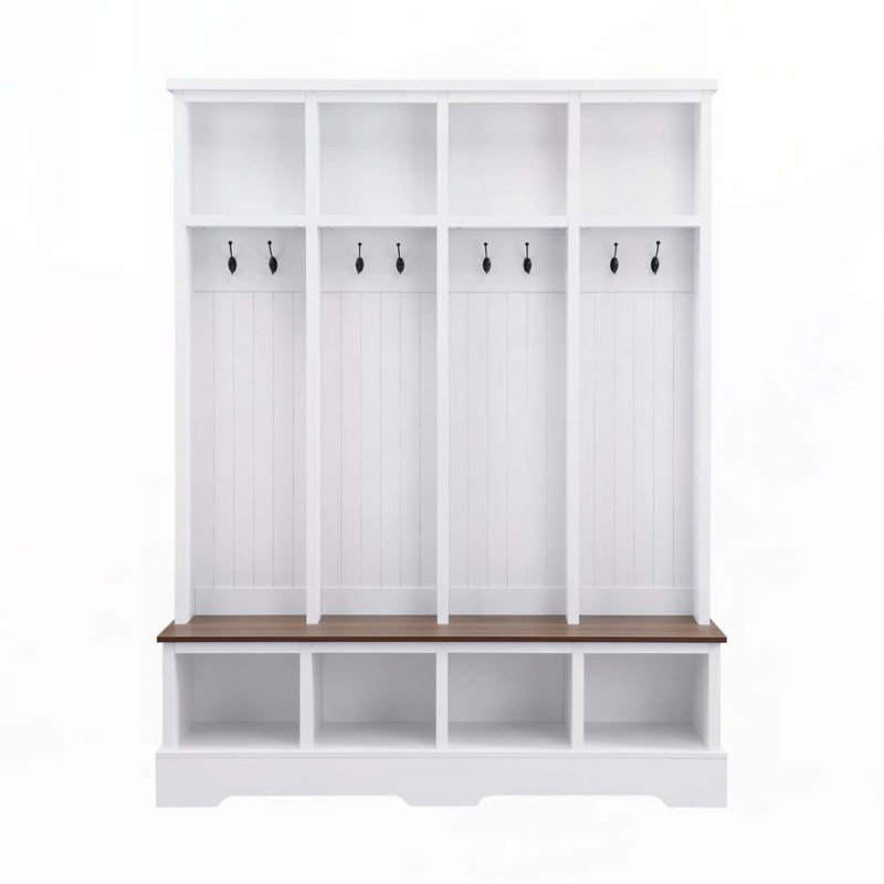Farmhouse 59"W Wide Hall Tree with 8 Hooks, White/Dark Brown