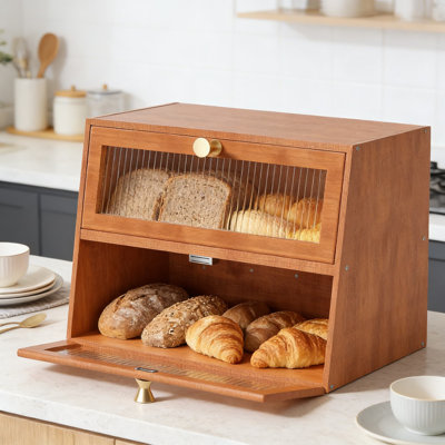Extra Large 2-Tier Bread Box With Acrylic Window, Farmhouse Style Wooden Bread Storage Container And Food Organizer For Kitchen Countertop And Pantry Shelf
