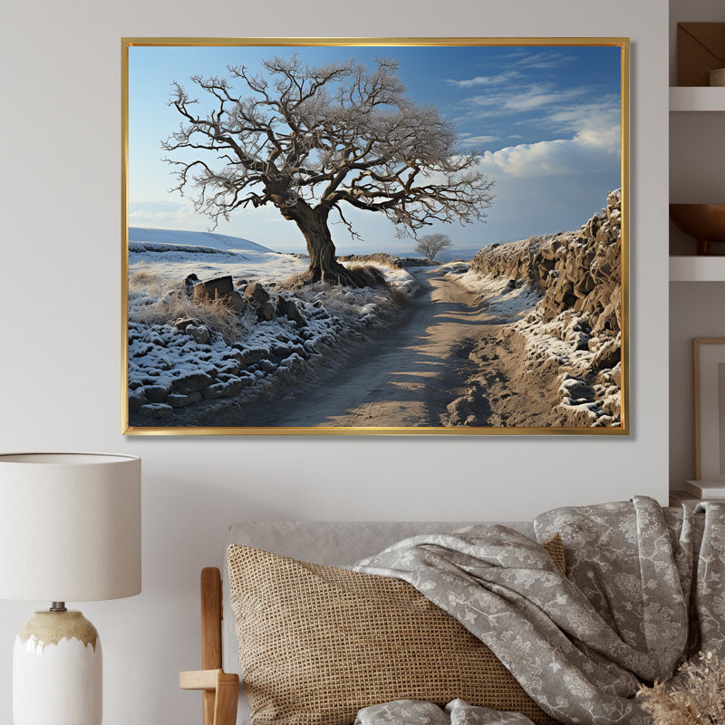 Paysage campagne d'hiver sur toile, H 16 po x l 32 po x P 1 po, Cadre flottant doré