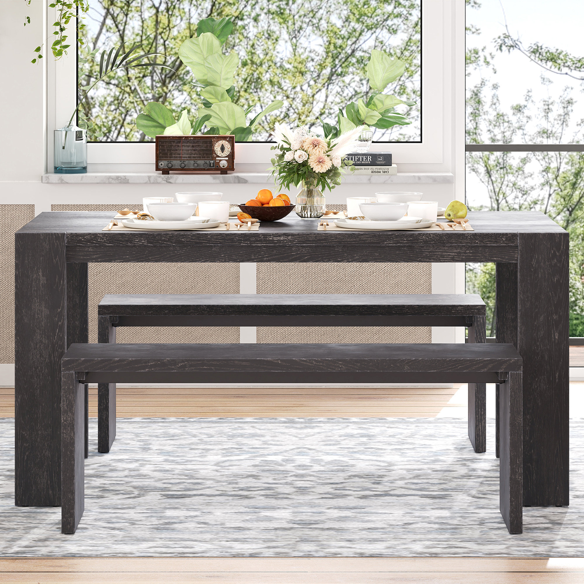 Gracie Oaks Trexm 3-piece Farmhouse Dining Set: Simple Espresso Table ...