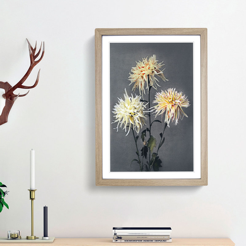 Three Chrysanthemums by Ogawa Kazumasa - Picture Frame Painting Print, Oak Framed, 48cm H x 36cm W x 2cm D