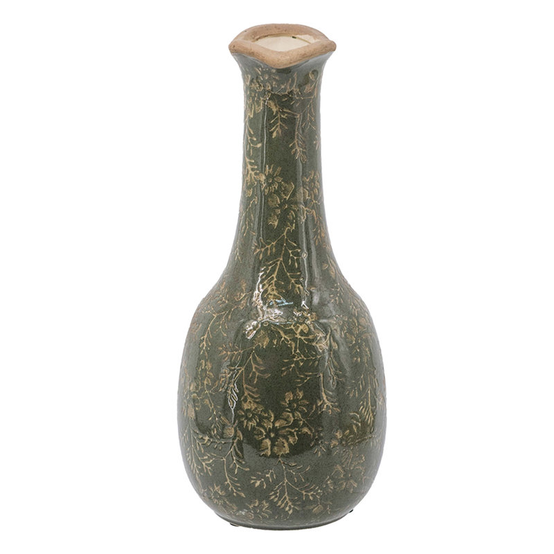 Vase en céramique 7,1 x 6,1 x 14,2 po avec finition vert olive et motifs floraux