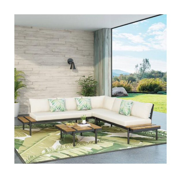 Ensemble de canapé modulaire d'extérieur 5 pièces avec coussins Theo, structure en bois d'acacia crème Theo