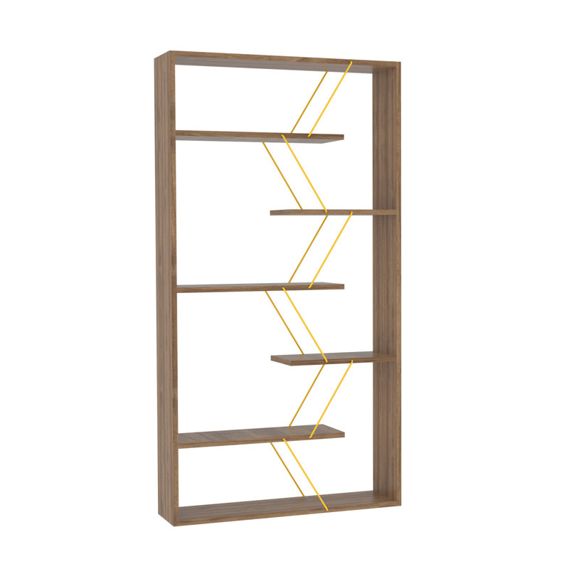 Bibliothèque industrielle en bois - 6 tablettes noyer / jaune pour espaces de bureau, Walnut/Gold