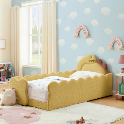 Twin Size - Inspired Bed, Thickened Guardrails, Solid Wood Frame, Boucle Fabric, Spark Imagination Cute And Plywood, Upholstery, Safe Comfortable