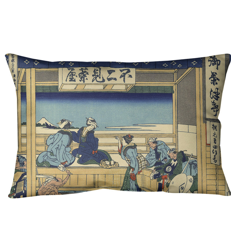 Coussin Katsushika Hokusai Yoshida at Tokaido, Cannelle / Bleu, Faux lin