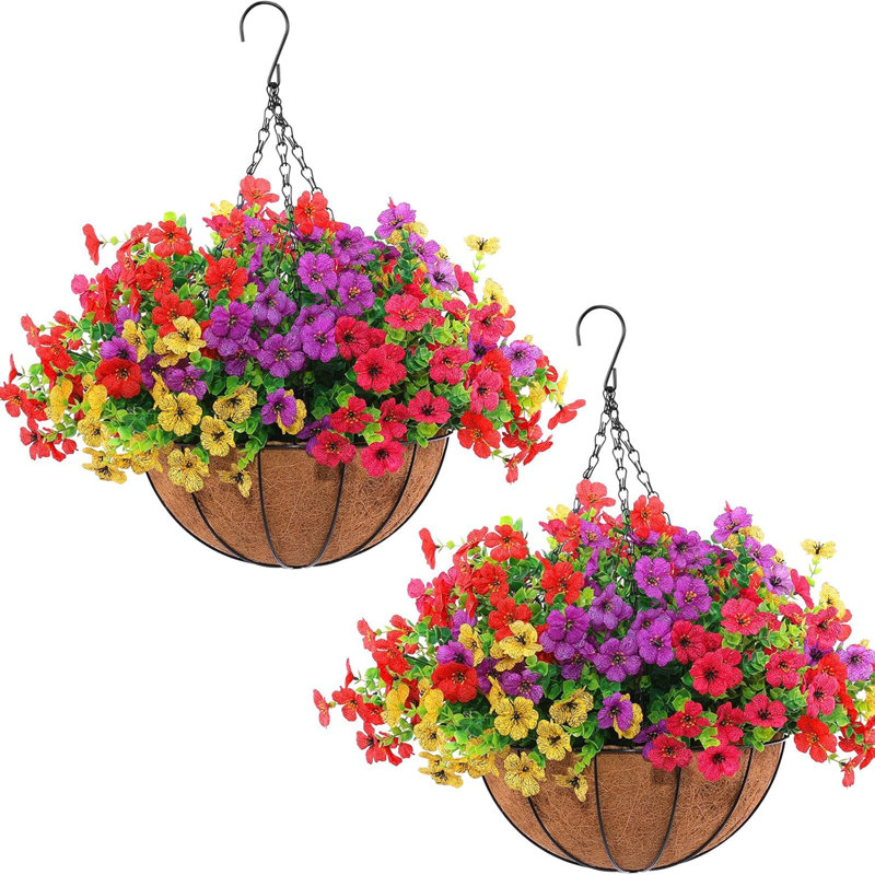 Ensemble de 2 fleurs artificielles d'extérieur avec panier suspendu, 2 jardinières suspendues avec 24 fleurs pour le patio
