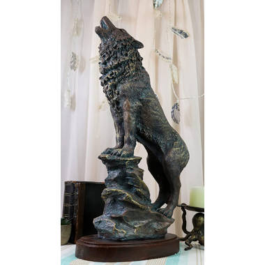 Millwood Pines Large Wildlife Animal Spirit Cries of The Night Howling Gray Wolf Standing on Rocks Figurine with Faux Wood Base Stand Alpha Wolves Tim