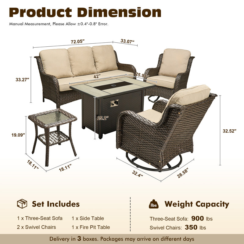 5-Piece All-Weather Wicker Patio Furniture Set With  Fire Pit Table, Deep Seating Sofa & Swivel Rocker Chairs For Backyard, Patio & Poolside Evenings