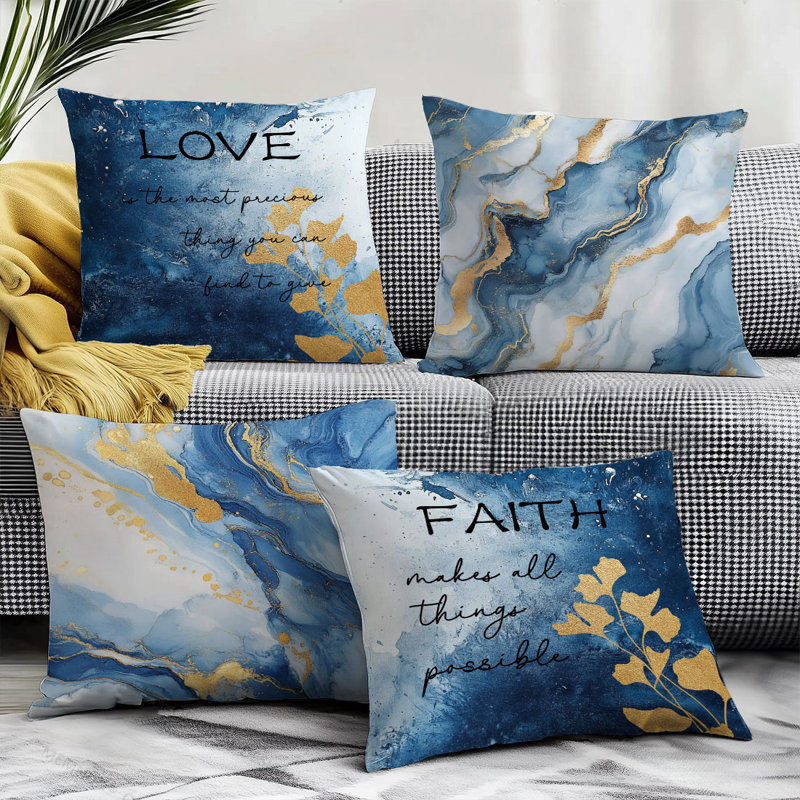 4 housses de coussin décoratives en marbre bleu