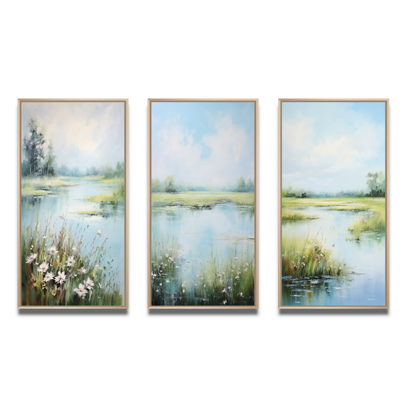 «Meadow Tranquil Waters», 3 pièces sur toile, Encadré naturel, H 40 po x l 60 po