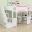 Lit mezzanine en bois pour enfants avec escalier de rangement, bureau, fenêtres, tablettes et lumières DEL pour enfants-128625784