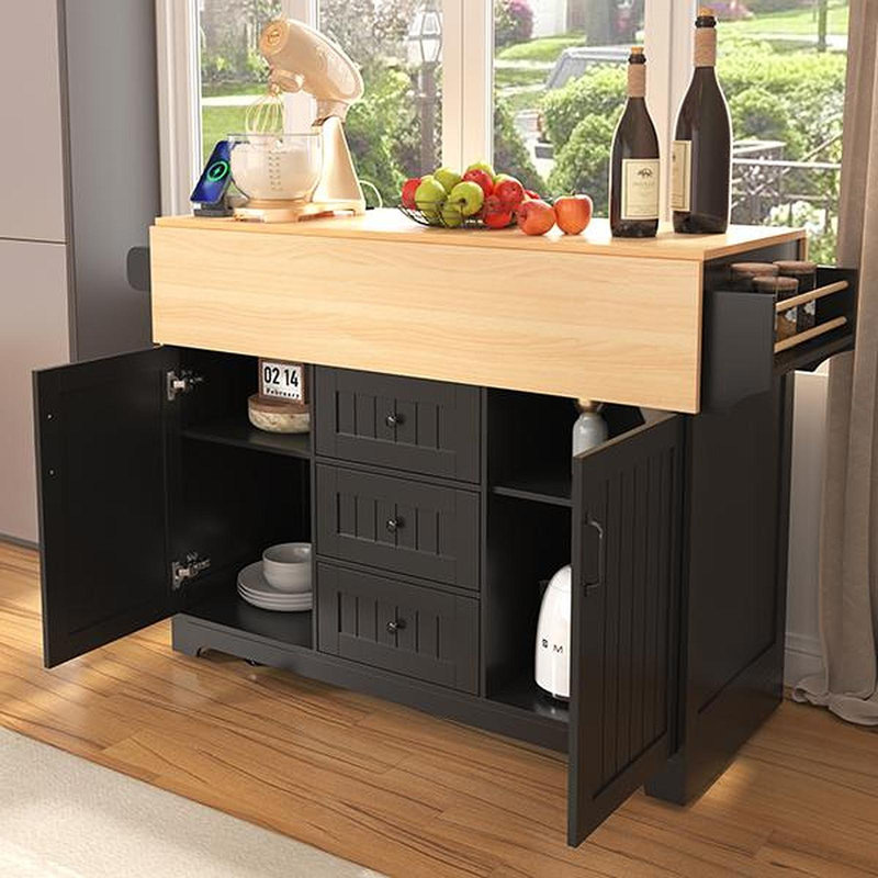 55.7'' Large Kitchen Island With 2 Drop Leaf,, Rolling Kitchen Cart On 5 Wheels With Power Outlet, Folding Storage Dining Table With Spice & Towel Rack , 3 Drawers, For Kitchen, Dining Room,Black