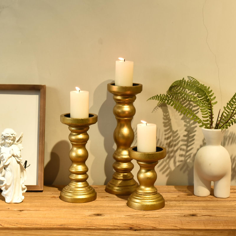 Farmhouse Wood Pillar Candle Holder Set Of 3 For Candlestick, Gold