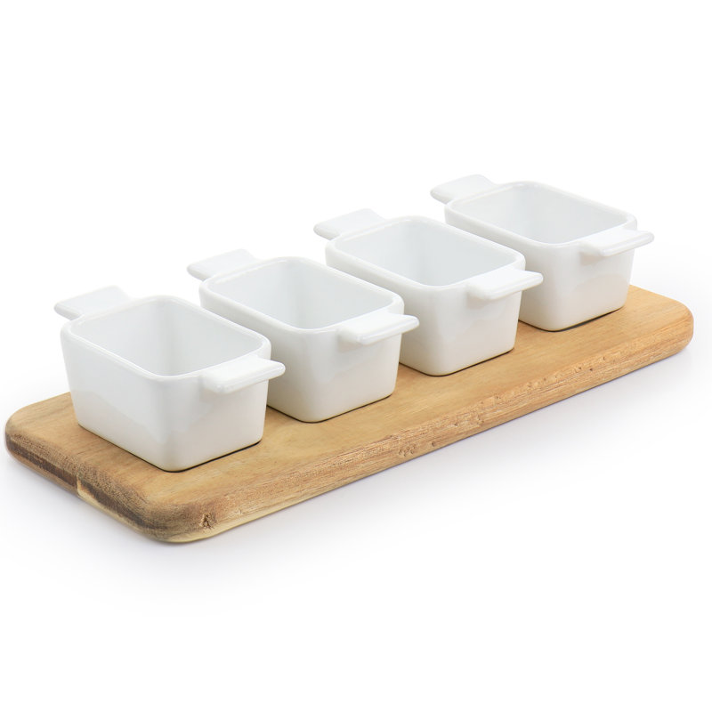 Gibson Elite Gracious Dining 5 Piece Fine Ceramic Tidbit Dish Set With Acacia Wood Base