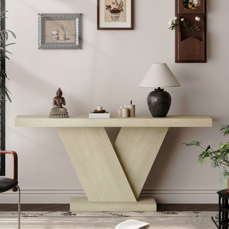 66" L Modern X-Leg Console Table With Solid Wood Veneer, Sturdy Entryway Hallway Table For Small Space, Mid-Century Narrow Sofa Table With Geometric Design & Wide Top, Oak Wash