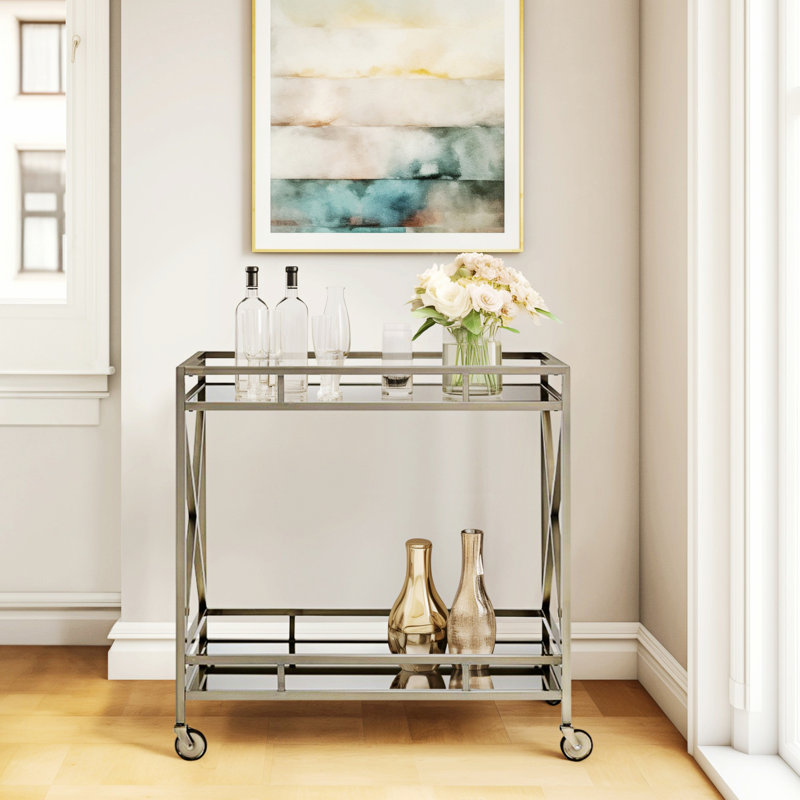 Serving Cart, Metal Frame Kitchen Cart With Bottom Shelf And Caster Wheels