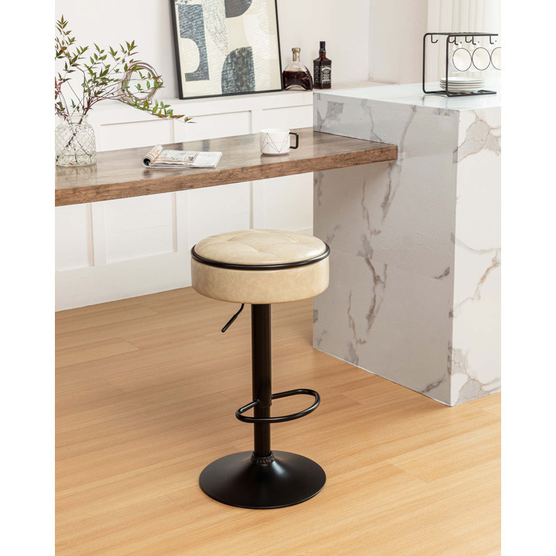 Adjustable Height Swivel Metal Pedestal Bar Stools with Footrest, Khaki