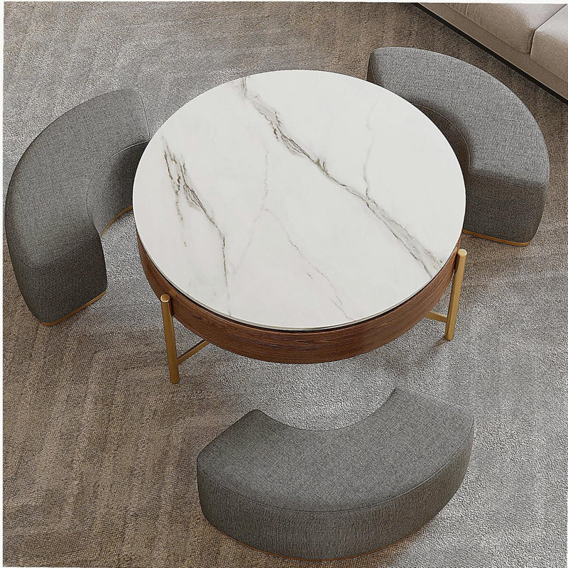 Table basse moderne à plateau relevable avec rangement caché, placage en noyer et plateau en pierre frittée, 3 repose-pieds gigognes rembourrés, conception peu encombrante, entièrement assemblée