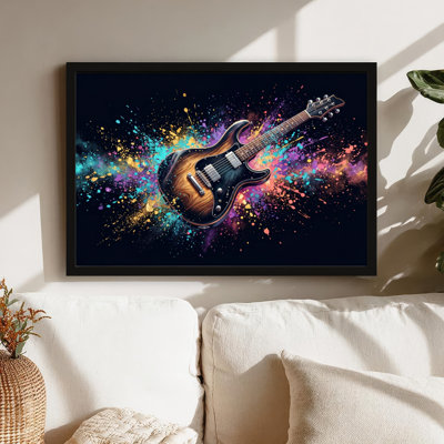 Art mural sur toile noir encadré pour le salon, la chambre à coucher, le bureau ou le vestibule - Décoration murale décorative avec guitare colorée