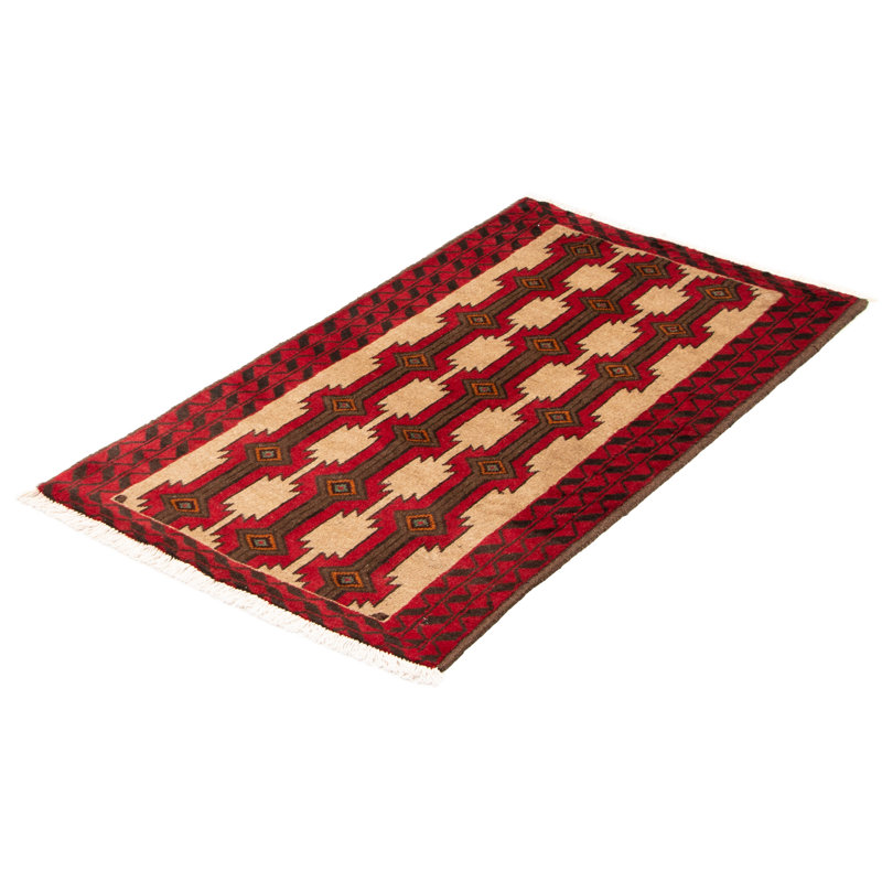 Tapis rouge en laine noué à la main de conception unique 2 pi 11 po x 5 pi 3 po New Age