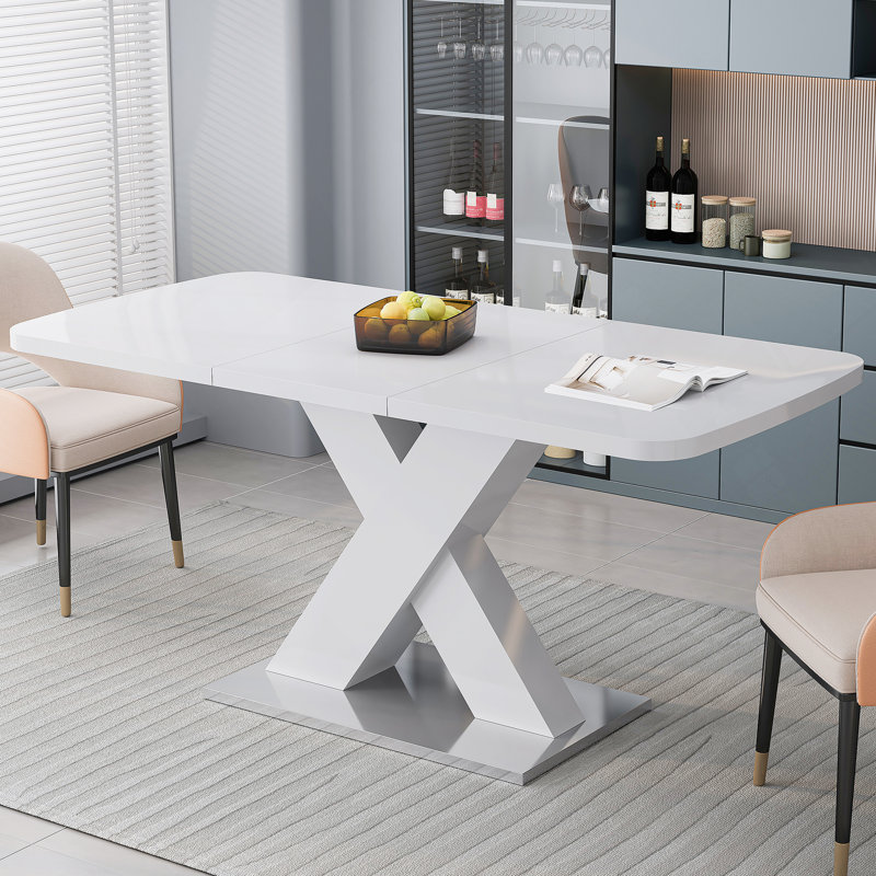 Table de salle à manger moderne carrée, extensible, plateau de table blanc + pied de table en MDF en X avec base en métal